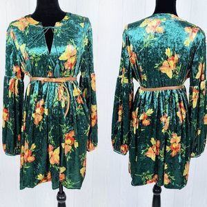 Vintage Lucy Wang Vintage Green Velvet Dress Floral
